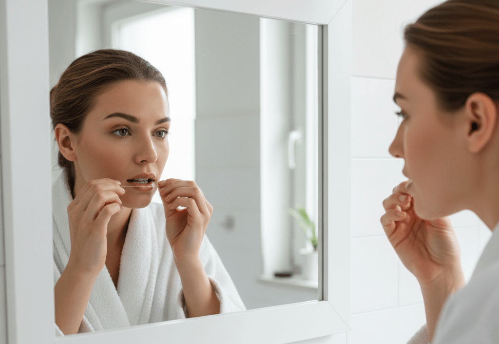 Kobieta przed lustrem nitkuje zęby. Dlaczego nitkowanie zębów jest ważne?