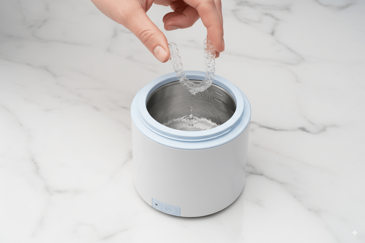 Na zdjęciu ZENT® SoniQWave – Profesjonalna Myjka Ultradźwiękowa, z której wyciągane są nakładki ortodontyczne po myciu. Jak dbać o higienę aparatów?