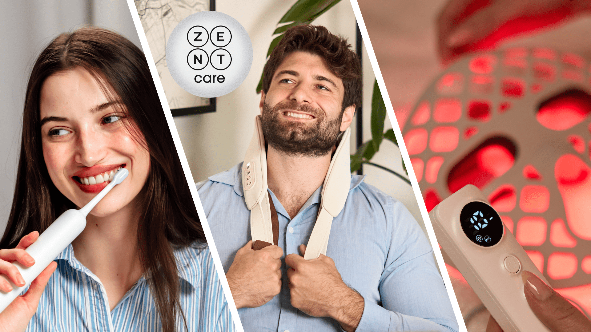 Na zdjęciu kobieta używająca szczoteczki sonicznej obrotowej ZENT SoniQ, mężczyzna używający masażera ZENT Handsense na kark, maska LED do fototerapii ZENT DermaLight