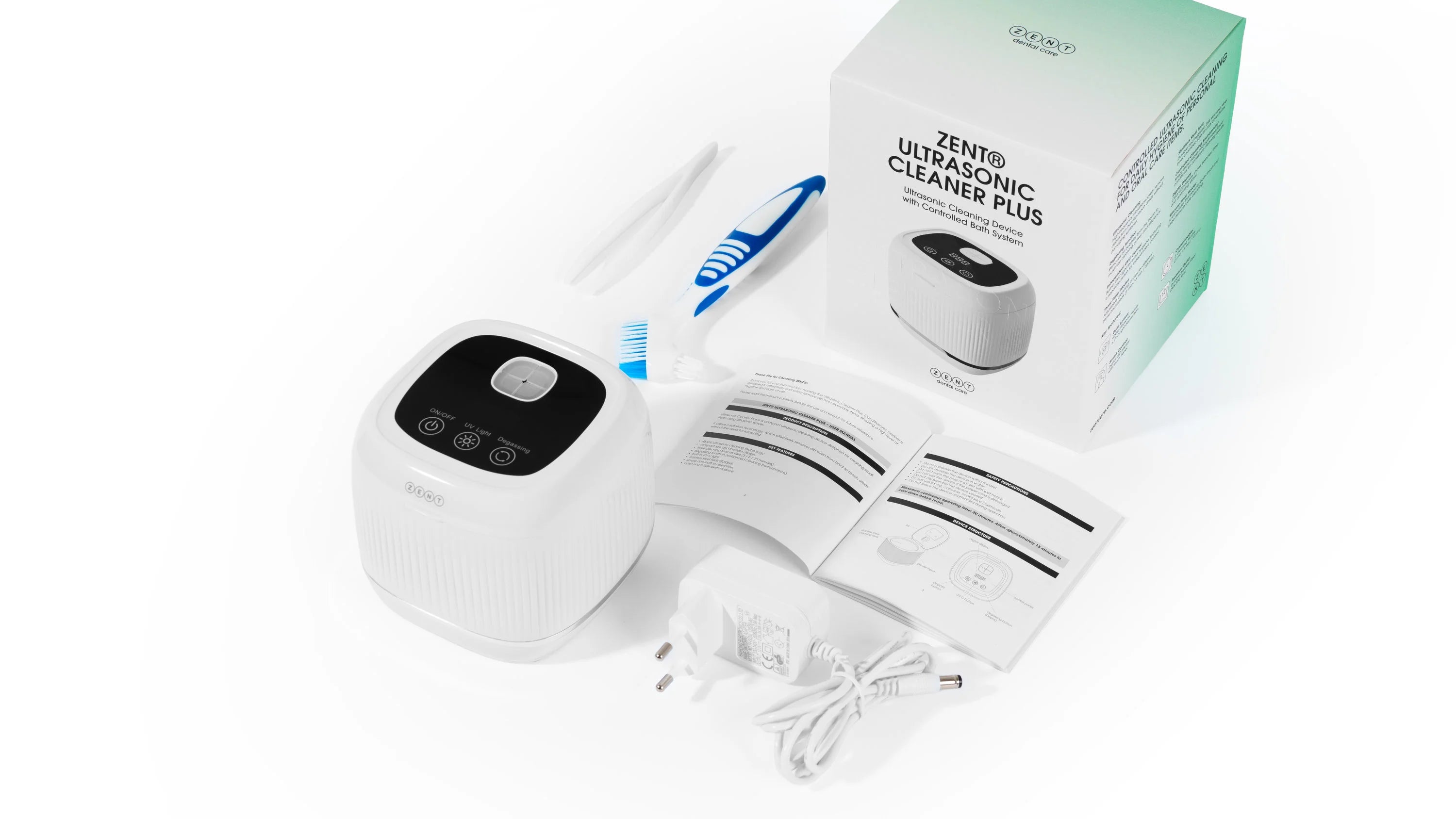 Pełny zestaw ZENT Ultrasonic Cleaner Plus z myjką, zasilaczem, pęsetą, szczoteczką, instrukcją i pudełkiem