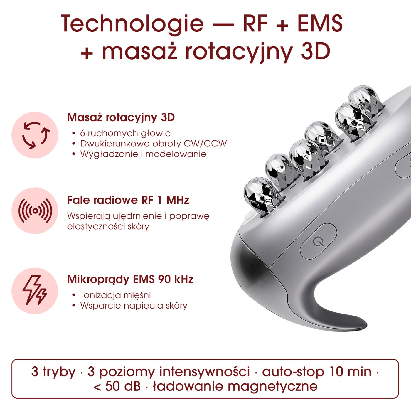 Trzy mechanizmy jednocześnie: ciepło RF, impuls EMS i masaż 3D ujmujący fałd skóry.